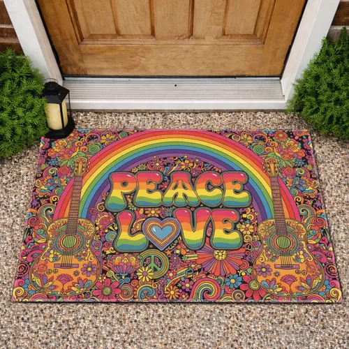 Peace Symbol Heart Love Guitars Rainbow Flowers - Music Lover Home Decor Gift Doormat