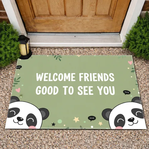 Panda Faces Welcome Friends Greeting Stars Hearts Polka Dots Home Decor Gift for Friends Doormat