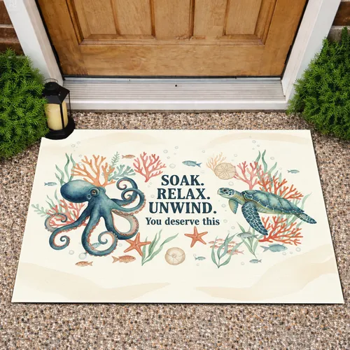SOAK RELAX UNWIND Octopus Sea Turtle Coral - Spa Bathroom Decor Gift Doormat