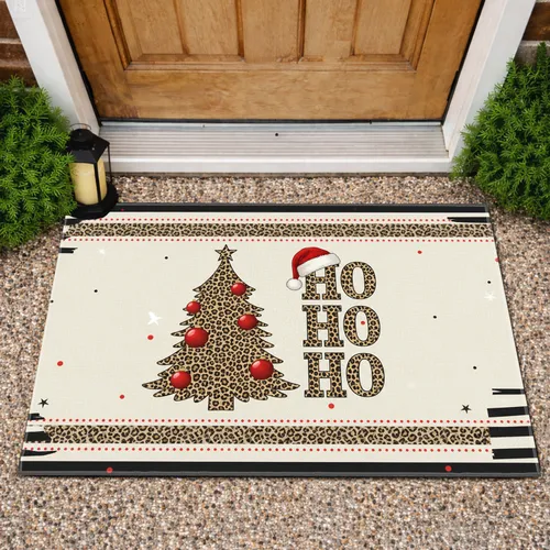 Rustic Leopard Christmas Tree HO HO HO Santa Hat - Christmas Decor Gift Doormat