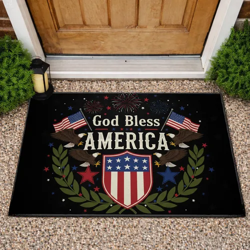 God Bless America Bald Eagle American Flag Shield - Independence Day Gift for Veterans Doormat
