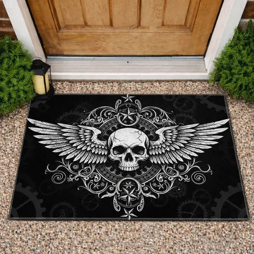 Distressed Skull Wings Scrollwork Cogwheels Stars - Mechanical Gothic Decor Gift Doormat