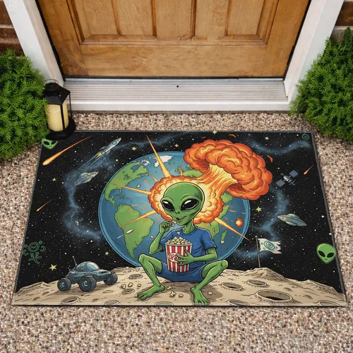 Green Alien Popcorn Exploding Earth - Home Decor Gift for Sci-Fi Lover Doormat