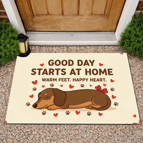 Sleeping Dachshund Dog Red Hearts Paw Prints Home Message - Home Decor Gift for Dog Lover Doormat
