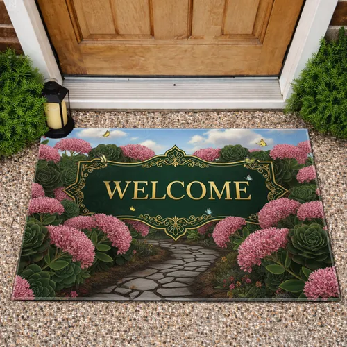 Welcome Banner Sedum Flowers Garden Path Butterfly - Home Decor Gift for Garden Lover Doormat