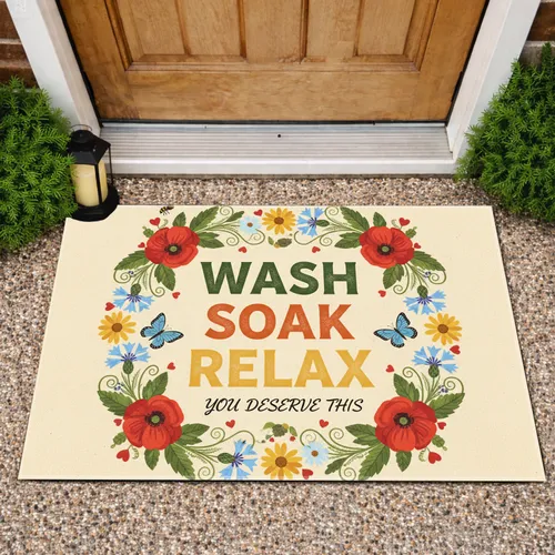 WASH SOAK RELAX Wildflower Bee Butterfly Heart - Relaxation Home Decor Gift Doormat