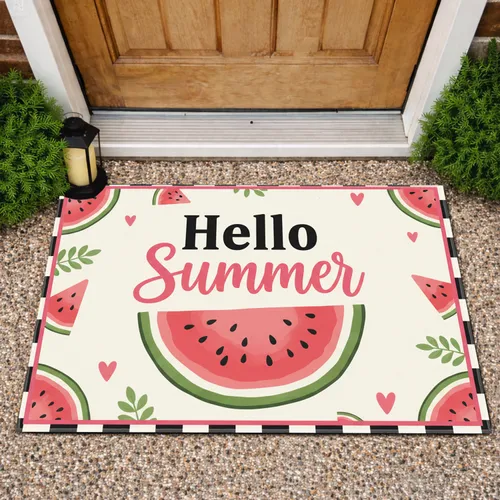 Hello Summer Watermelon Hearts Checkerboard - Summer Farmhouse Decor Doormat