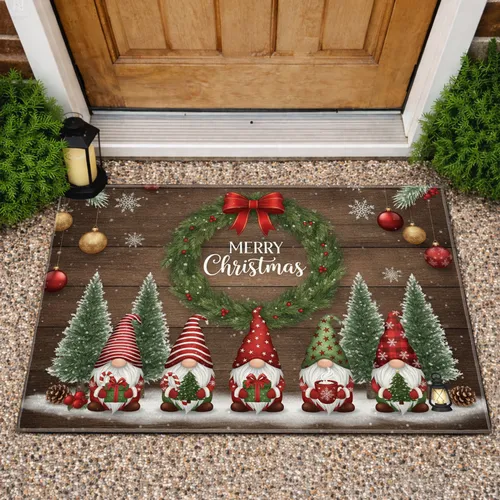Christmas Gnomes MERRY Christmas Wreath Evergreen Trees Ornaments - Holiday Home Decor Doormat