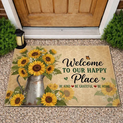 Sunflowers Welcome Happy Place Home - Farmhouse Decor Gift Doormat