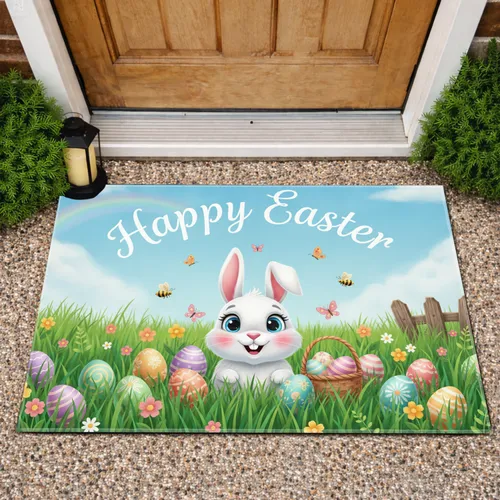 Happy Easter Bunny Easter Eggs Spring Flowers - Easter Holiday Gift Doormat