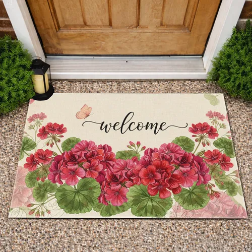 Welcome Geranium Flower Clusters Variegated Leaves Butterfly - Home Decor Gift Doormat