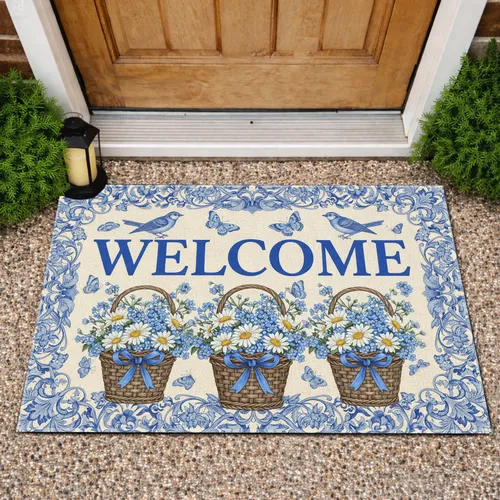 WELCOME Baskets Daisies Birds Chinoiserie Floral - Home Decor Gift for Homeowner Doormat