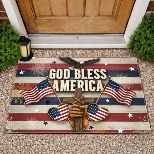 God Bless America Flag Eagle Hand Cross Heart - Independence Day Gift for Veterans Doormat