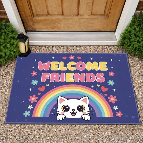 White Cat Rainbow Welcome Friends - Home Decor Gift Doormat