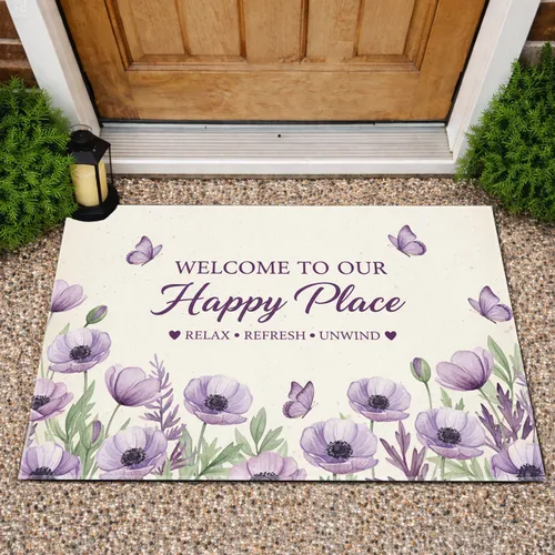 Welcome Happy Place Lavender Flowers Butterflies - Rustic Home Decor Gift Doormat