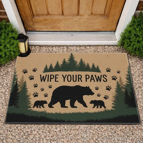 Wipe Your Paws Bear Cubs Pine Trees Woodland Forest Home Decor Gift Doormat
