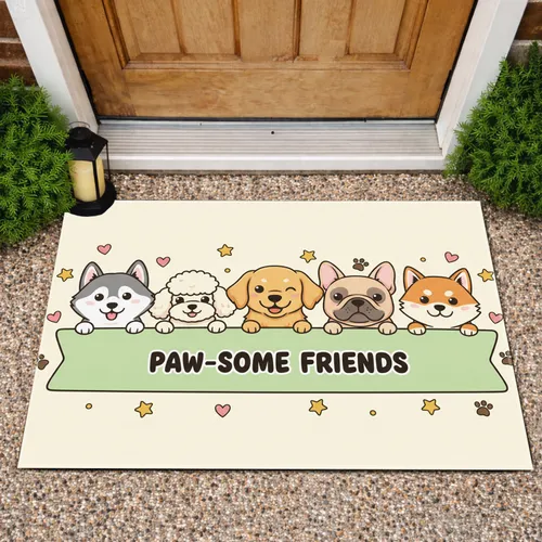Five Cute Dog Faces Light Green Banner - Dog Lover Home Decor Gift Doormat