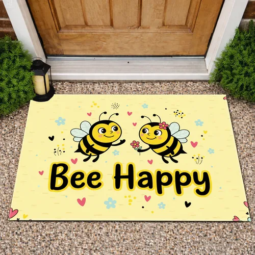 Smiling Cartoon Bees Bee Happy Phrase - Home Decor Gift for Bee Lover Doormat
