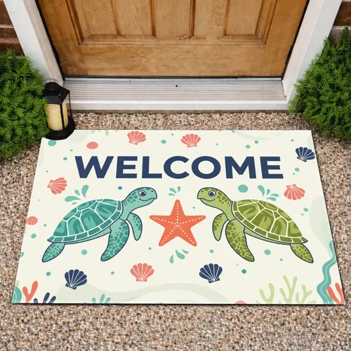 WELCOME Sea Turtle Starfish Seashells - Coastal Home Decor Gift Doormat