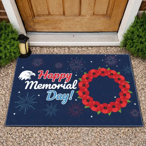 Happy Memorial Day Bald Eagle Red Poppies Holiday Home Decor for Veterans Doormat