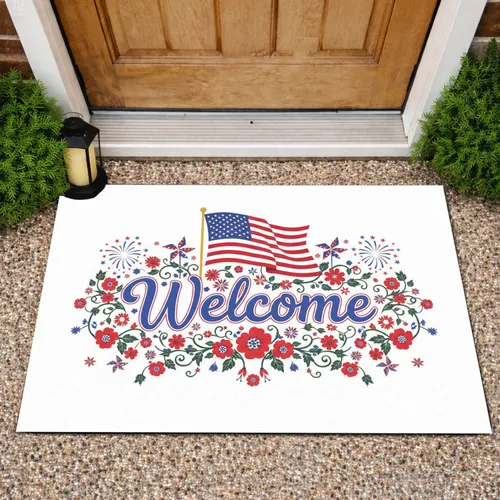 Welcome American Flag Festive Floral - Independence Day Home Decor Gift Doormat