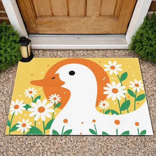 White Duck Head Daisy Flowers Orange Sun - Home Decor Gift for Duck Lover Doormat