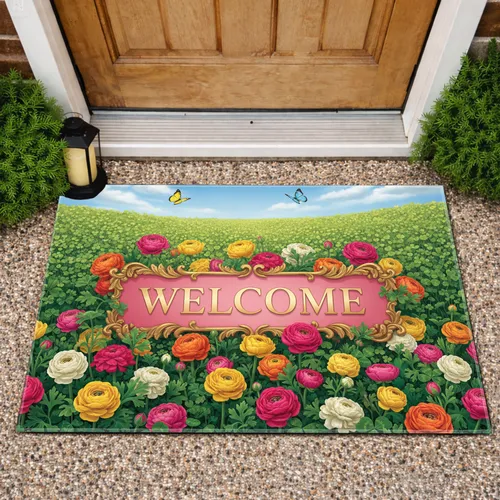 Welcome Banner Ranunculus Garden Butterflies Clover Sky - Home Decor Gift Doormat