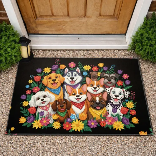 Cheerful Diverse Cartoon Dogs Flower Garden - Dog Lover Home Decor Gift Doormat