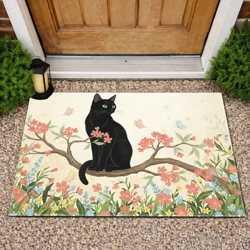 Black Cat Branch Blossoms Wildflower Butterfly - Home Decor Gift for Cat Lover Doormat