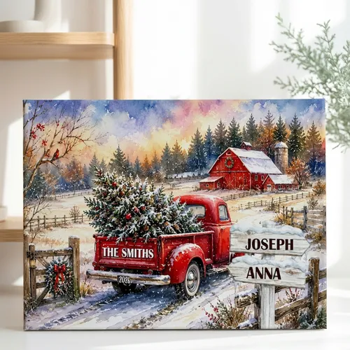 Custom Christmas Family Canvas Print, Personalized Family Name Red Truck Wall Art Gift