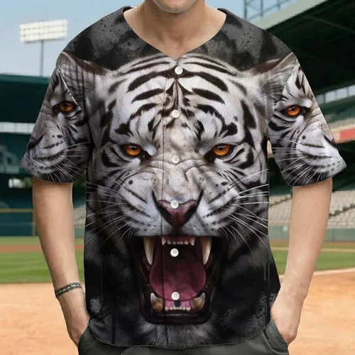 White Tiger Head Orange Eyes Sharp Teeth Pink Tongue - Wildlife Lover Gift Baseball Jersey