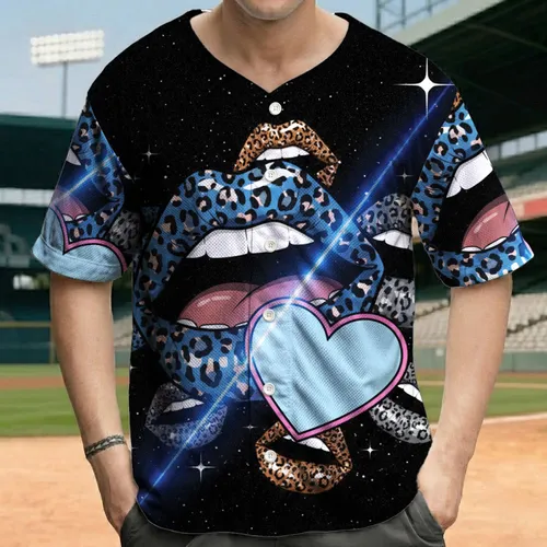 Blue Brown Leopard Print Lips Heart Cosmic Stars - Wild Style Fashion Gift Baseball Jersey