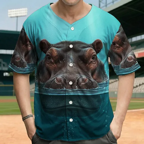 Powerful Hippopotamus Head Emerging Water - Wildlife Lover Gift Baseball Jersey