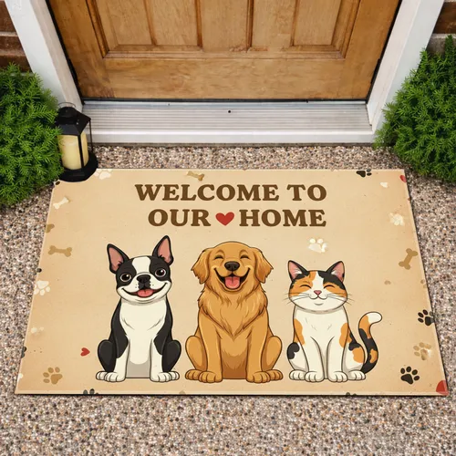 Boston Terrier Golden Retriever Calico Cat Welcome Home - Pet Lover Home Decor Gift Doormat