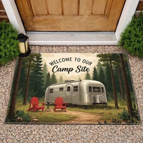 Classic Travel Trailer Welcome Camp Site - Outdoor Living Gift for RV Owners Doormat