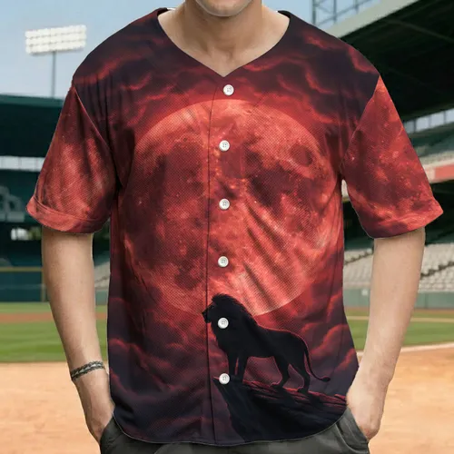 Majestic Lion Cliff Silhouette Red Moon Storm Clouds - Powerful Wildlife Lover Gift Baseball Jersey