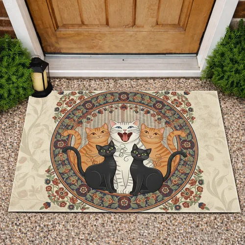 Five Cats Folk Art Floral Border - Home Decor Gift for Pet Lover Doormat