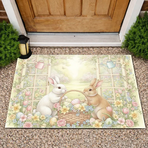 Easter Bunnies Basket Spring Window - Easter Holiday Home Decor Doormat