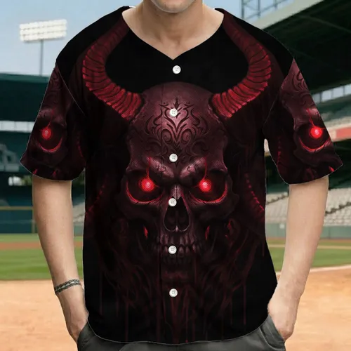 Demonic Skull Crimson Horns - Gothic Lifestyle Dark Fantasy Lover Gift Baseball Jersey