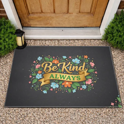 Be Kind ALWAYS Golden Green Lettering Floral Wreath Heart Dot Accents - Home Decor Gift Doormat