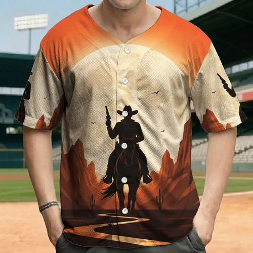 Cowboy on Horseback Luminous Full Moon Desert Mountains - Western Lifestyle Gift Baseball Jersey