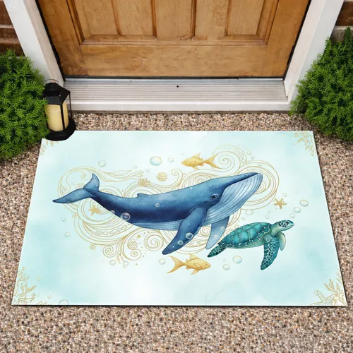 Blue Whale Sea Turtle Underwater Scene - Home Decor Gift for Ocean Lover Doormat