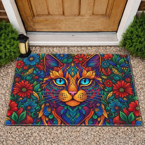 Stained Glass Mosaic Cat Head Floral Elements - Home Decor Gift for Cat Lover Doormat