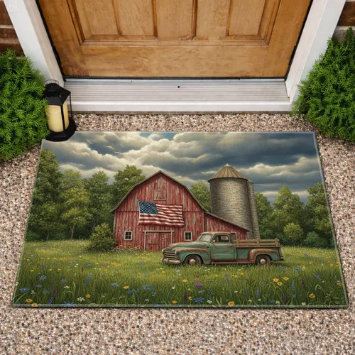 Rustic Barn American Flag Pickup Truck - Patriotic Farmhouse Home Decor Doormat