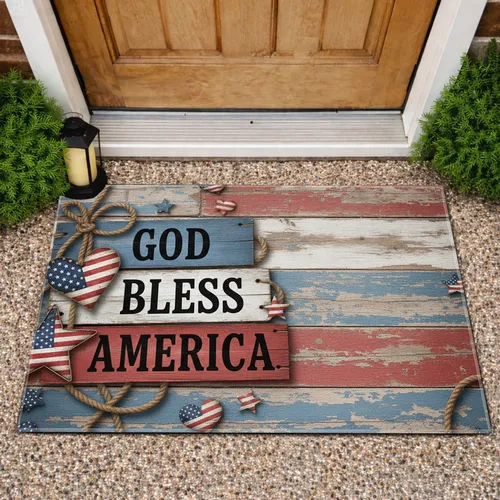 God Bless America Flag Hearts Stars - Independence Day Gift Doormat