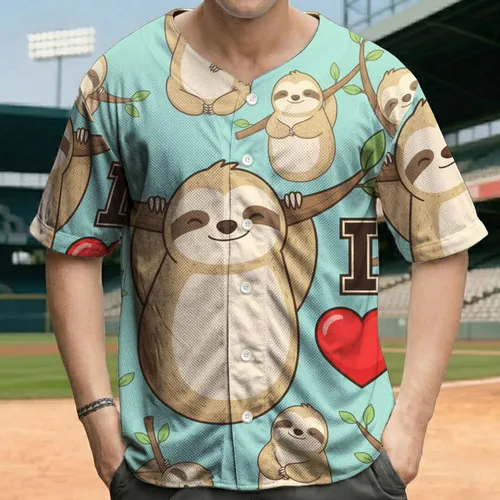 Cartoon Sloth Smiling Tree Branch Green Leaves Red Heart Letter I - Sloth Lover Wildlife Gift Baseball Jersey
