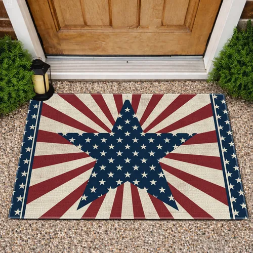 Navy Blue Five-Point Star Red Cream Stripes Star Border - Home Decor Gift Doormat