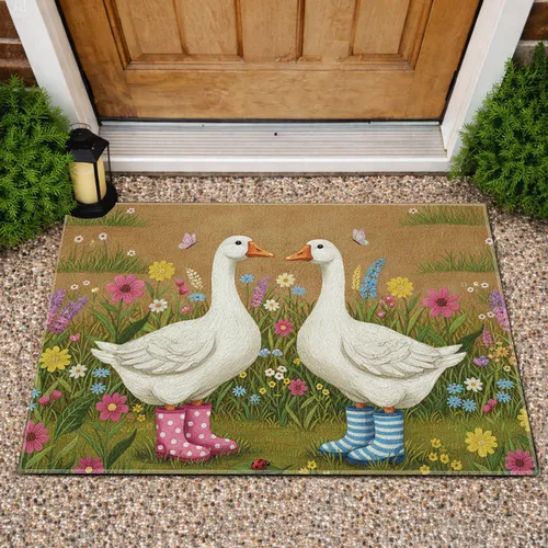 White Geese Pink Blue Rain Boots Wildflower Garden - Spring Home Decor Gift Doormat