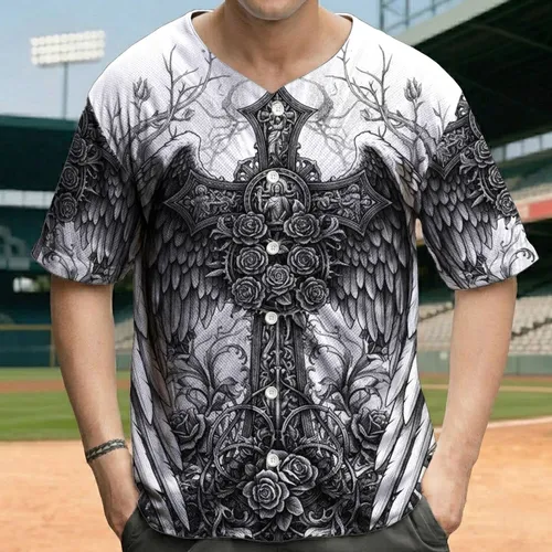 Ornate Gothic Cross Feathered Wings Thorny Branches Floral - Gothic Lover Gift Baseball Jersey