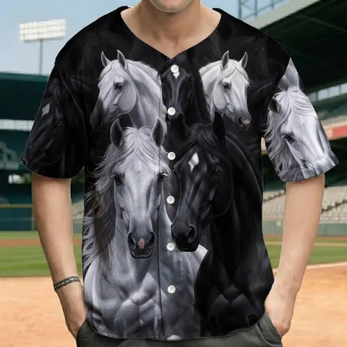 Realistic Black White Horse Heads Deep Black Background - Horse Lover Gift Baseball Jersey